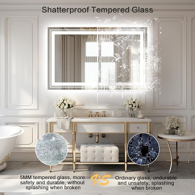 WTTY 48" x 32" LED Bathroom Mirror with Light | Anti-Fog, Dimmable, 3 Color Temperature, Memory Function, Tempered Glass, IP54 Waterproof, ETL Listed