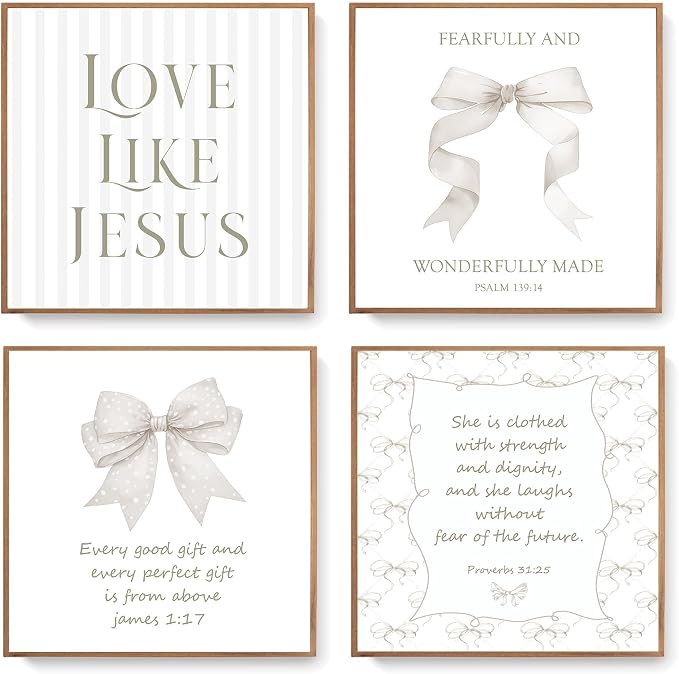 LARTSFRO Coquette Beige Bow Jesus Wall Art Decor Posters, Beige Bow Christian Room Bedroom Bathroom Wall Art Decor Aesthetic for Teen Girls Gifts, Inspirational Bible Verses Bow Wall Decor, 10x10 Inch Set of 4 Bow Pictures (UNFRAMED)