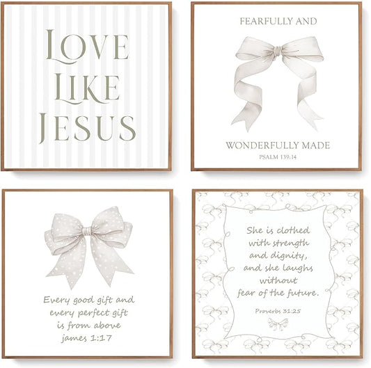 LARTSFRO Coquette Beige Bow Jesus Wall Art Decor Posters, Beige Bow Christian Room Bedroom Bathroom Wall Art Decor Aesthetic for Teen Girls Gifts, Inspirational Bible Verses Bow Wall Decor, 10x10 Inch Set of 4 Bow Pictures (UNFRAMED)