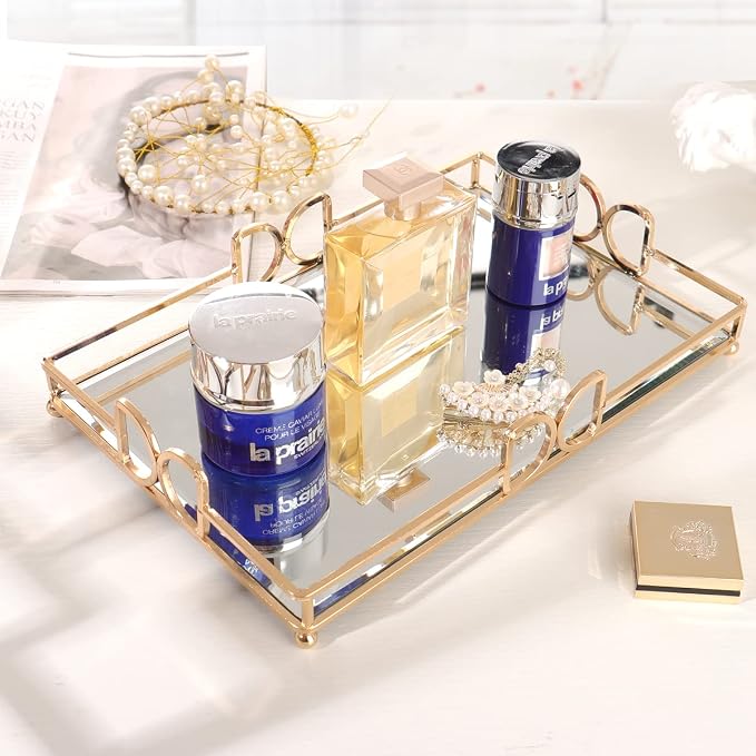 Gold Mirror Vanity Tray for Perfume, 11.7x7.9 Non-Slip Glass Dresser Tray, Elegant Decorative Organizer for Bathroom Countertops, Skincare & Makeup Display, Rust-Proof