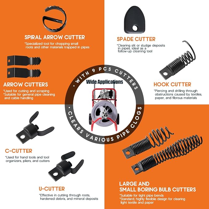 Albott 100 FT x 3/8 Inch Electric Drain Cleaner Machine | Auto-Feed Sewer Snake Auger for 1-4 Inch Pipes, with 9 Cutters, Wheels and Foot Switch, Gray/Red
