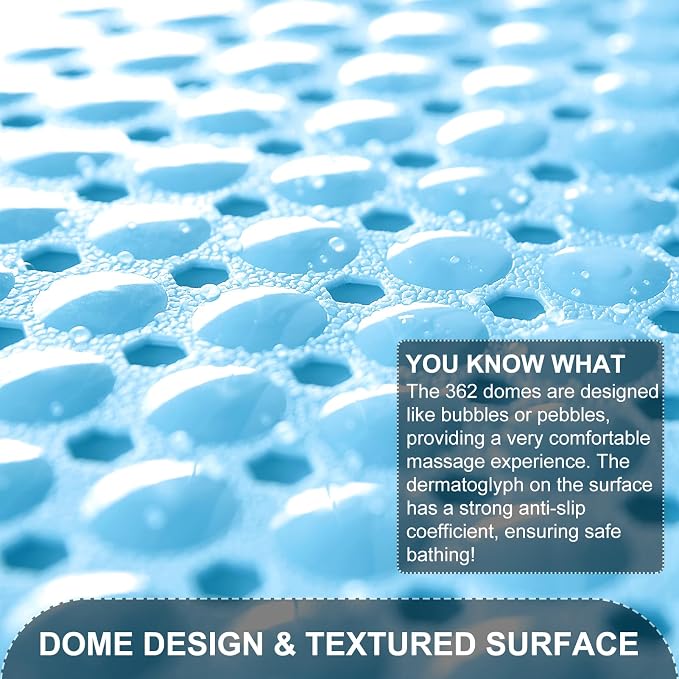 TEESHLY Bath Tub Shower Mat, Non Slip Bathtub Floor Liner Mats with Suction Cups and Drain Holes, Machine Washable Bathmat for Bathroom Floor Safety, 40 x 16 Inch, Sky Blue