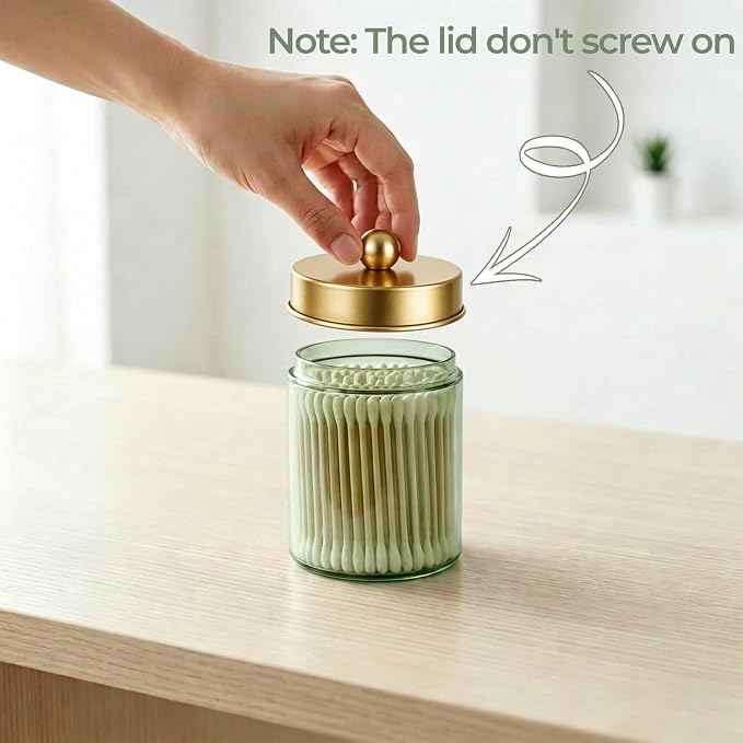 Amolliar Glass Apothecary Jar Qtip Holder Metal Lids 4pc/Green-golden | Bathroom Decor Countertop Vanity Storage Organizer Set for q tip holder,Cotton Swabs/Rounds,Makeup Sponges,Cute Stickers