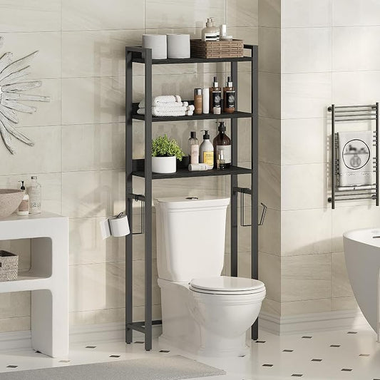 MAHANCRIS Over The Toilet Storage Rack, 3 Tier Bathroom Organizer Over Toilet, Freestanding Space Saver Toilet Stand with 2 Hooks, Bathroom Storage Shelf, Easy to Assemble, Black TSBK6001