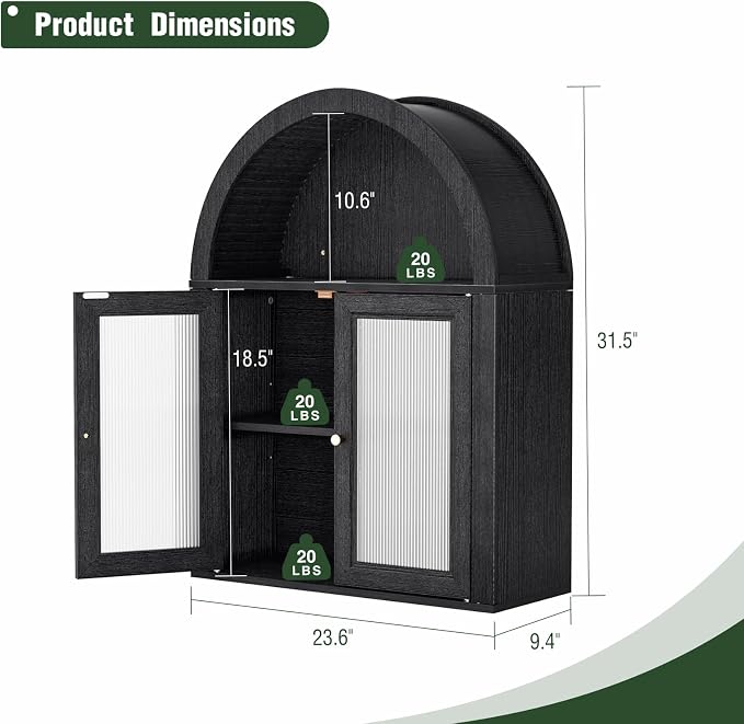 Medicine Cabinet with Arched Top, Bathroom Wall Cabinet Over Toilet with Wave Pattern Tempered Glass Doors and Removable Shelf, Arch Hanging Cabinets for Kitchen, Living Room, Laundry Room, Black
