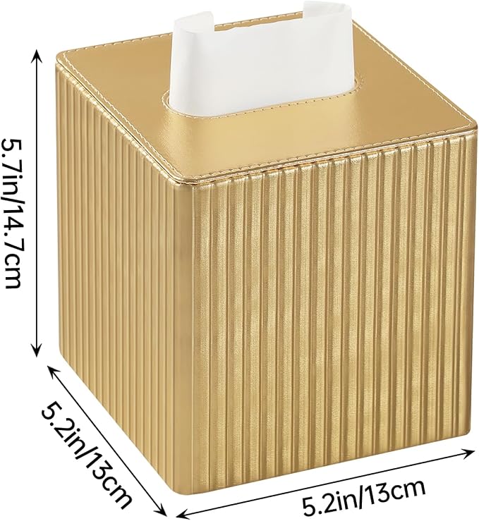 PU Leather Tissue Box Cover Square, Tissue Box Holder Gold | Non Slip Base, with Magnetic Closure, Cube Tissue Cover for Living Room Bathroom Vanity Nightstand Bedroom