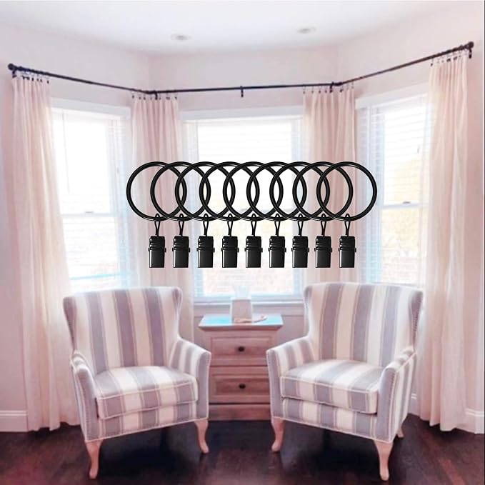 LLPJS 100 Pack Curtain Rings with Clips, Curtain Clip Rings Hooks, Bow Hanger Clips for Hanging Drapery Drapes Bows, Ring 1.26 inch Interior Diameter, Fits up to 1" Rod, Black