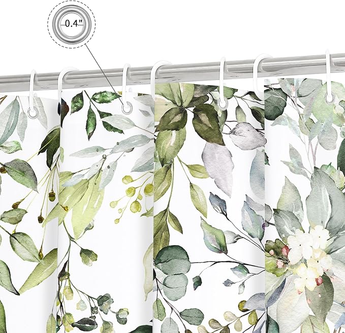 Sage Green Eucalyptus Shower Curtain, Floral Print, 54x72 | Watercolor Plant Leaves Floral Print, Stall Waterproof Fabric Bathroom Decor, Machine Washable, Rustproof Grommets