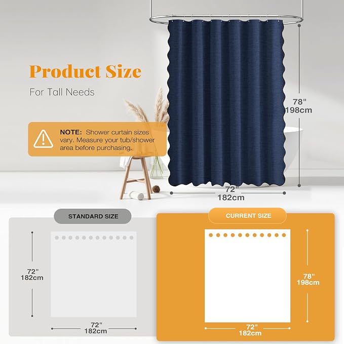 72x78 Boho Scalloped Linen Textured Cloth Shower Curtain, Navy Blue | Long Size, 230GSM Waterproof Polyester, Heavy Duty Fabric, 12 Plastic Hooks, Elegant Modern Farmhouse Style, Machine Washable