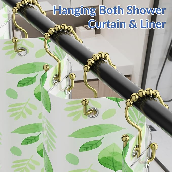 Shower Curtain Hooks, Metal Shower Curtain Rings Hooks, Gold Shower Curtain Hooks Rust Proof, Smooth Gliding Shower Rings for Curtain, Shower Hooks for Shower Curtain Rod, Gold-12 Pcs