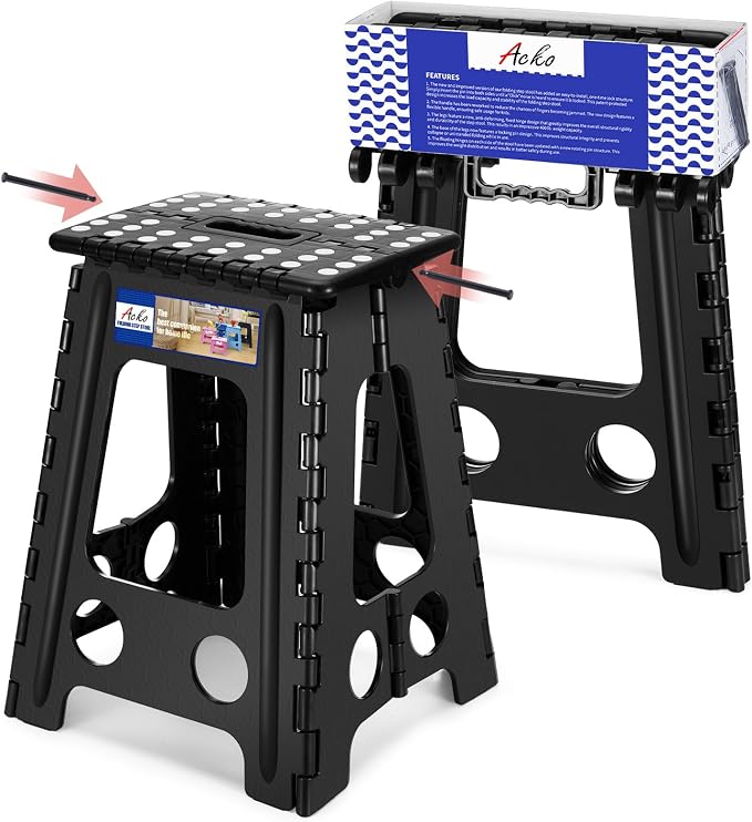 ACKO 17.5 Inch Folding Step Stool with Safety Lock, Holds 400 lbs, Black | Portable Foldable Stools with Handle, Heavy Duty Collapsible Non-Slip Foot Stool for Adults & Kids, Kitchen Bathroom Outdoor