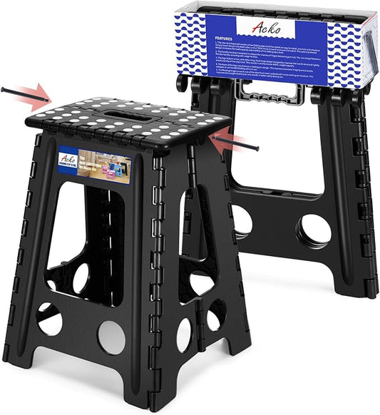 ACKO 17.5 Inch Folding Step Stool with Safety Lock, Holds 400 lbs, Black | Portable Foldable Stools with Handle, Heavy Duty Collapsible Non-Slip Foot Stool for Adults & Kids, Kitchen Bathroom Outdoor