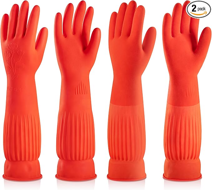 ThxToms Rubber Dishwashing Cleaning Gloves (2-Pair) - Fleece Lined | Reusable Long Dish Gloves for Washing Dishes, Waterproof Kitchen Gloves with Extra-Long Cuff & Anti-Slip Design, Small