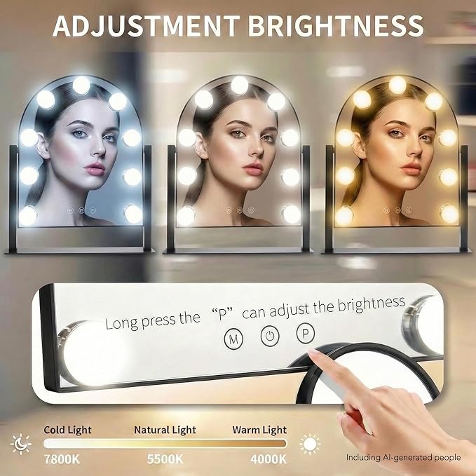 Arched Makeup Vanity Mirror with Lights,10X,Gold,14.17"x11.81" | Vanity Mirror with Detachable 10X Magnification Mirror, Rechargeable, 3 Color Lights,Smart Touch, 360‑Degree Swivel