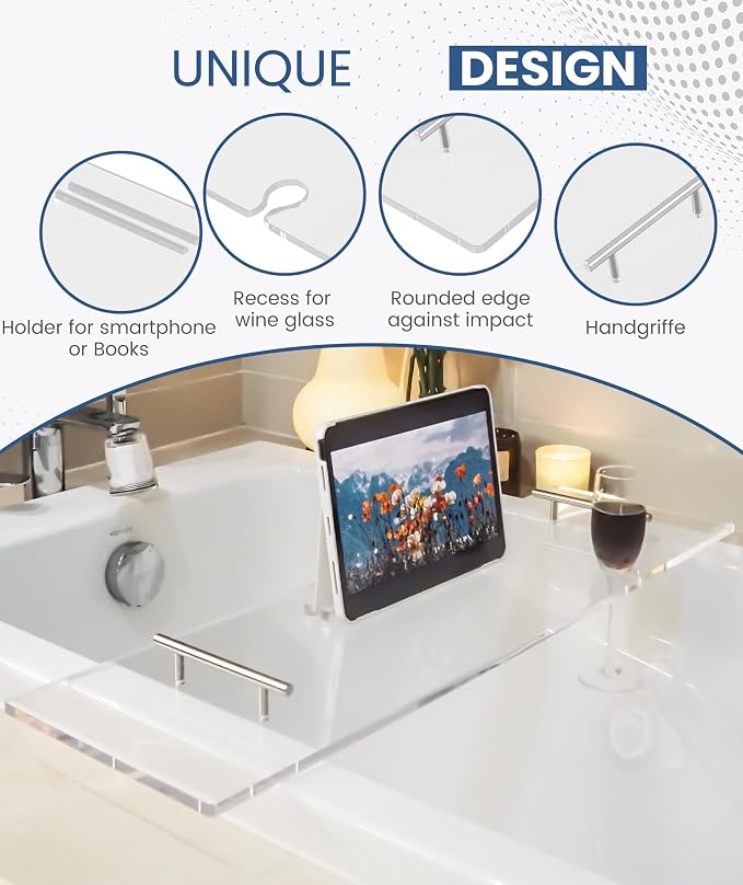Acrylic Bathtub Tray Bathtub Tray Caddy Bath Tray Table for Tub Luxury Spa with Book and Wine Glass Holder Bathroom Accessories for Decorative Bathtubs, Transparent 31.5inch