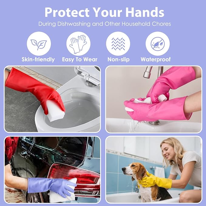 Rubber Kitchen Dishwashing Gloves - 4 Pairs Colorful Reusable Cleaning Gloves for Kitchen Washing Dishes and Household Cleaning(Small, Blue+Pink+Yellow+Red)
