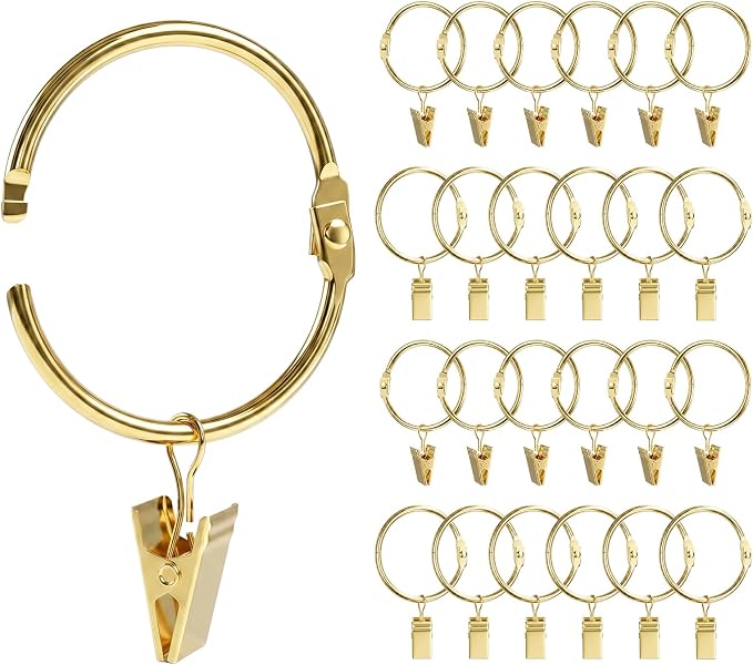 24 Pack 2 Inches Openable Curtain Rings with Clips | Drapery Metal Clip Iron Drapes Hangers Decorative for Windows Rods Rustproof, Gold