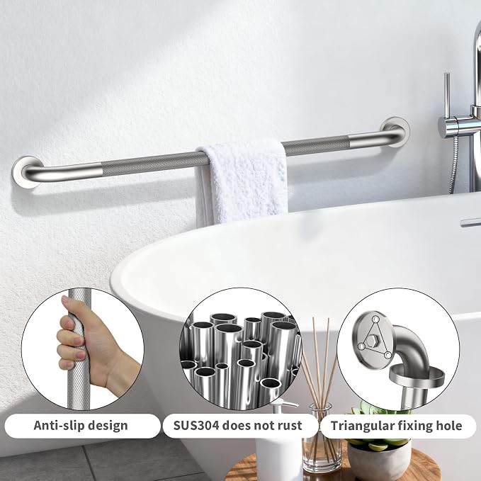 ZUEXT 42 Inch Extra Long Brushed Nickel Anti Slip Knurled Safety Grab Bar | Stainless Steel Bathroom Safety Assist Handle, Heavy Duty Wall Mounted, Balance Support Rail for Seniors Handicap, 1.25" Dia