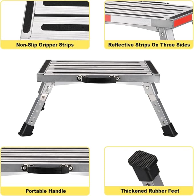 Yagud Safety RV Steps, Non-Slip Folding Adjustable Step Stool | Height Adj. Platform Step 17"x12" Non-Slip, Rubber Feet, Reflect. Strips, T Level, Aluminum RV Stool 1000lbs, Silver