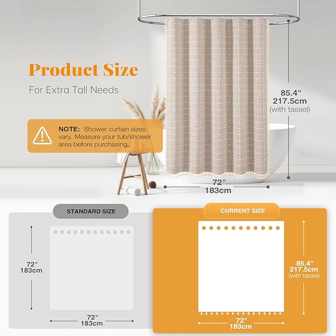 Long Boho Farmhouse Linen Heavy Duty Shower Curtain, 72x84, Tan/Taupe | Tall Size, 330GSM Linen Blend, 3-side Tassels, Water Repellent Fabric, 12 Plastic Hooks, Rustic Bohemian, Machine Washable