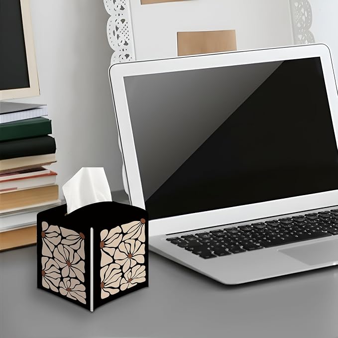Modern Black Square Faux Leather Tissue Box Cover | Black Tissue Holder, Black Floral Accessories, for Bathroom, Car, Office Desk, 5.3x5.3x5.3