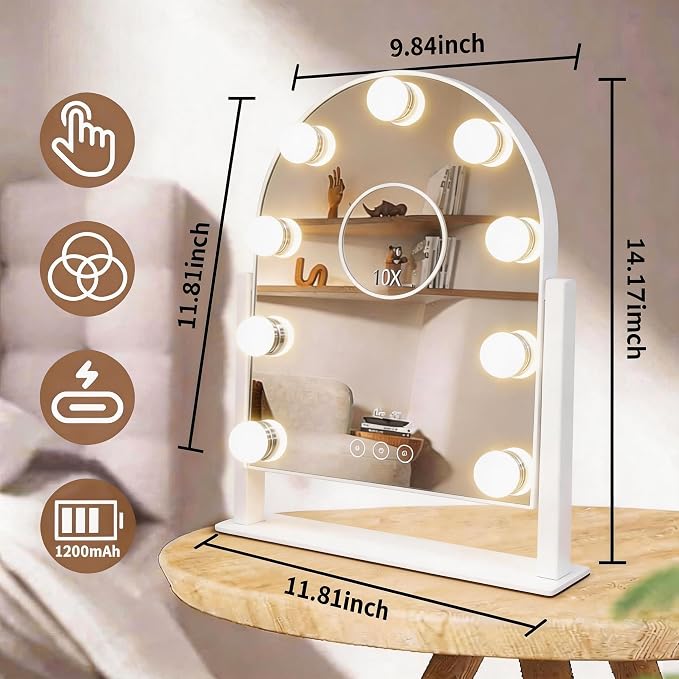 Arched Makeup Vanity Mirror with Lights,10X,Gold,14.17"x11.81" | Vanity Mirror with Detachable 10X Magnification Mirror, Rechargeable, 3 Color Lights,Smart Touch, 360‑Degree Swivel