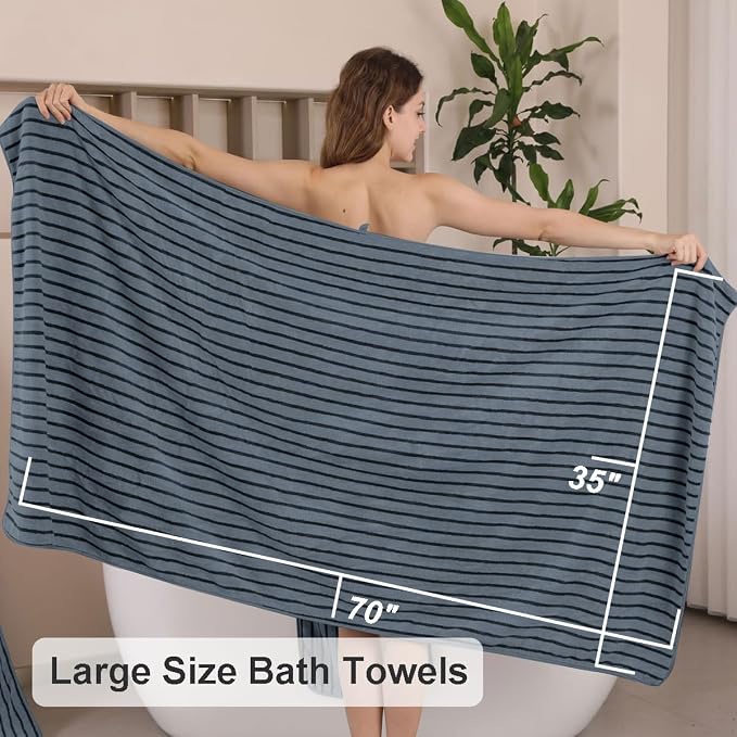 8 Pcs Cabana Stripe Large Towel Set Polyester Bath Hand Towels Washcloths | Fluffy oversize towel with hang loops absorbent quilck dry multiple pack easy replacement family sets for beach pool gym yoga