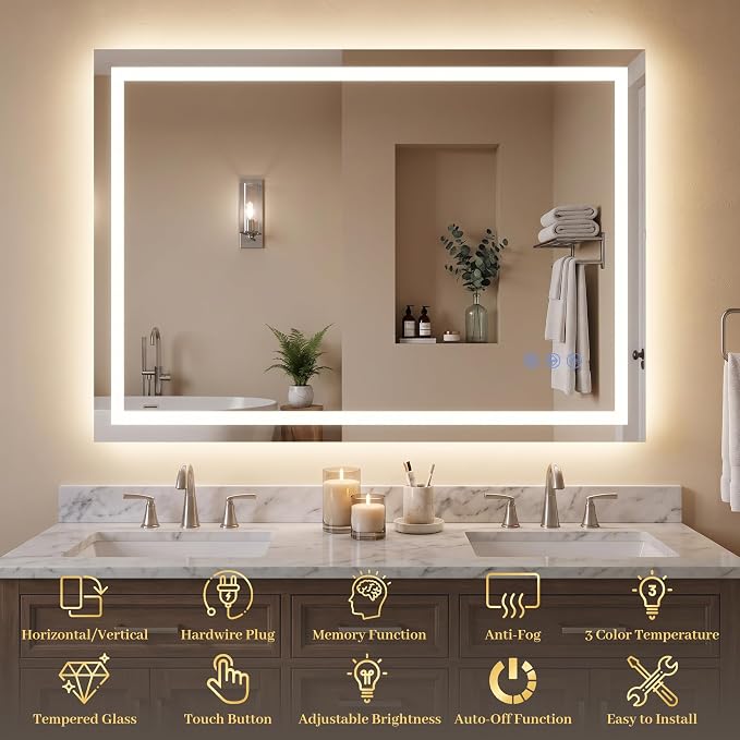 LED Bathroom Mirror with Lights 24"x32", Wall-Mounted Vanity Mirrors Front & Backlit Light Control Stepless Dimmable Anti-Fog Memory 3 Color Temperatures Shatter-Proof Tempered Glass