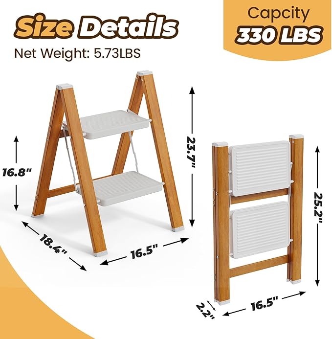 HBTower 2 Step Ladder, Lightweight Aluminum Folding Step Stool | Anti-Slip Wide Pedal, 330lbs Capacity Step Ladder for Household Kitchen Office, WhiteWoodgrain
