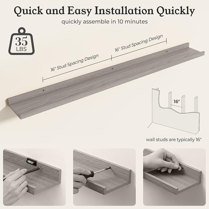 Brown Picture Ledge Shelves for Wall, 4.5" Deep Wood Floating Shelves with Lip for Bedroom, Living Room, 40" Width, Color Brown Set of 2
