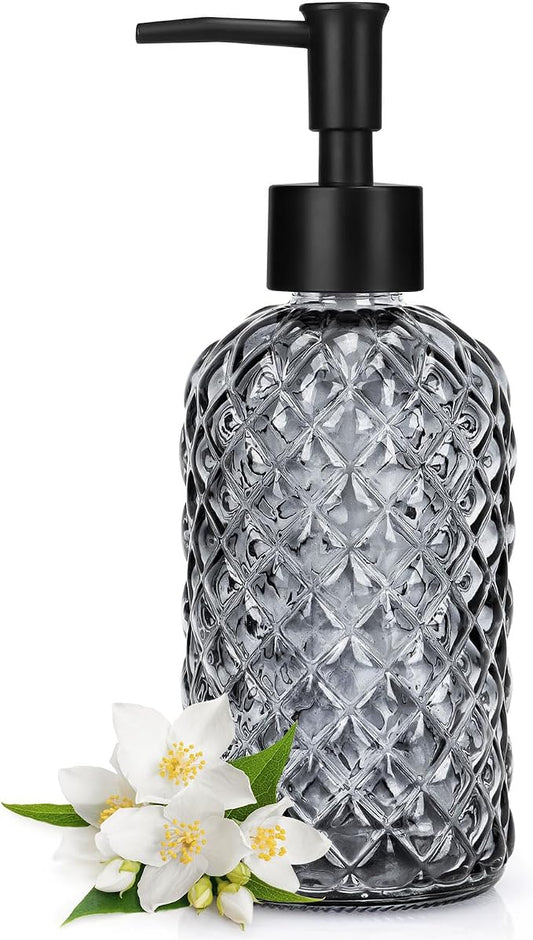 Topsky Gem Glass Soap Dispenser with Black Plastic Pump, 13oz Liquid Hand Soap Dispenser, Rustproof Pump for Kitchen & Bathroom, Great for Lotions, Essential Oil, Liquid Soaps-Gray
