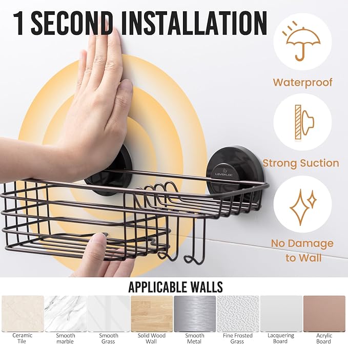 Shower Caddy Suction Cup, Heavy Duty Bathroom Organizer for Shower | Brown Shower Caddies, NO-Drilling Bathroom Holder, Shower Shelves with Hooks, Soap Holder