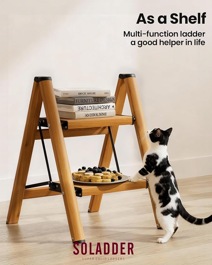 2 Step Ladder, Lightweight Folding Step Stool, Woodgrain | Anti-Slip 7.9'' Wide Pedal;Space-Saving;For Kitchen, Home, Library, Office Use;300lbs Capacity