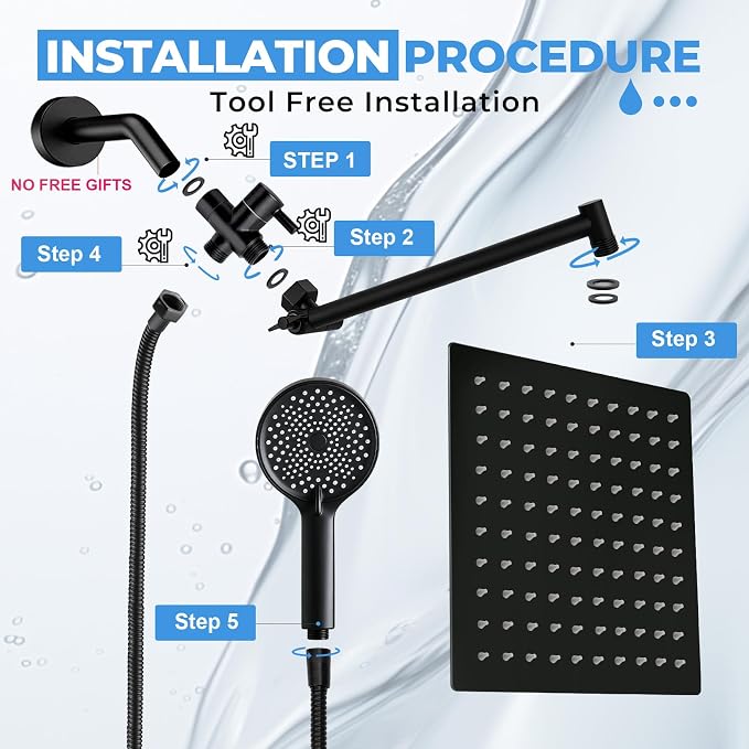 Shower Head, 8 inch Multifunction High Pressure Rain Shower Head with Handheld Spray Combo with 11'' Angle Adjustable Extension Arm/Flow Regulator/Shower System Matte Black