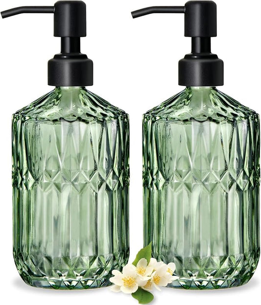 COHOSEGE 17 Oz Green Glass Kitchen Soap Dispenser for Dish Soap, 2 Pack Bathroom Soap Dispenser Set with Black Rust Proof Pump for Lotion, Hand soap or Body Wash