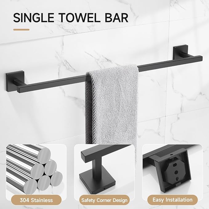 TQKAG 5-Piece Towel Bar Set, 23.6 Inch Bathroom Hardware Set, Matte Black | SUS304 Stainless Steel, Towel Rack for Bathroom, Classic Toilet Paper Holder Wall Mount, Matte Black Bathroom Accessories