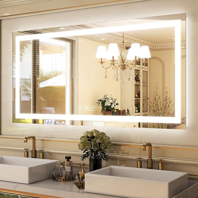 LED Bathroom Mirror, 55"x30" Anti-Fog Lighted Wall Mirrors | Vanity Mirror with Lights for Wall, Smart Anti-Fog, Dimmable, 3 Color, Backlit & Front Lit, Memory Function, Tempered Glass