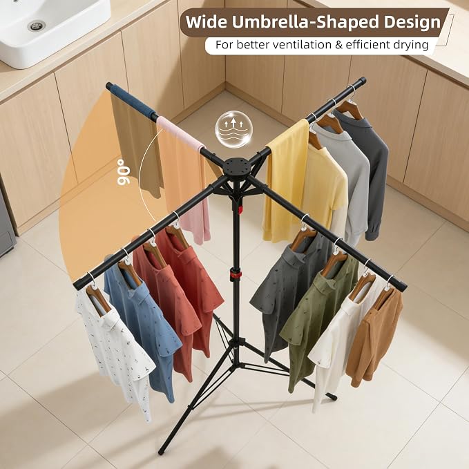 Clothes Drying Rack Foldable, Adjustable Height with Fold Button | Stable Tripod Base, Rust-Resistant, Quick Fold Button, Independent Rod Adjustment, Fits 90°/180°/270° Corners
