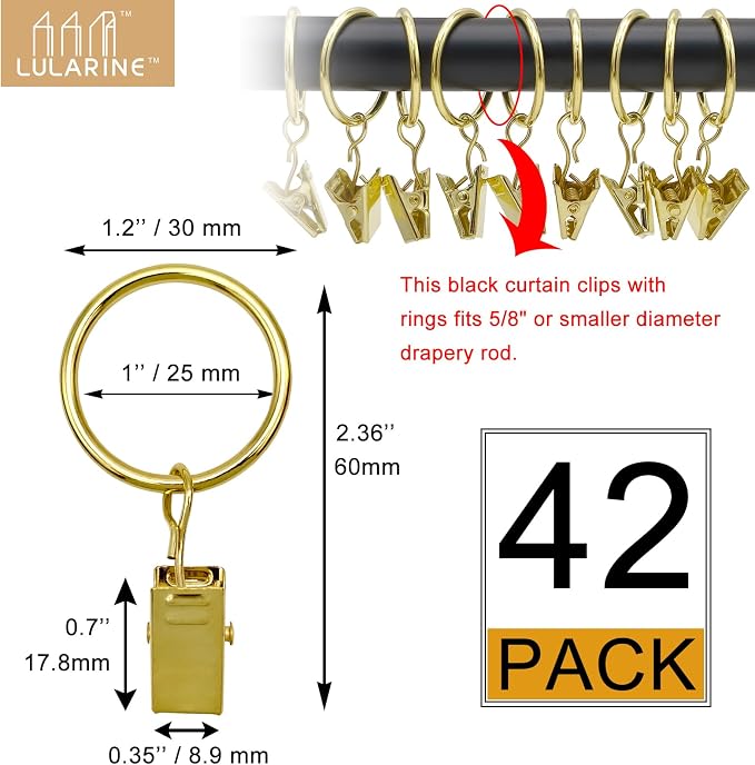 42 Pack Curtain Rod Clip Rings, 1" Interior Diameter, Metal, Drapery Ring with Clips, Rustproof Vintage (Golden)