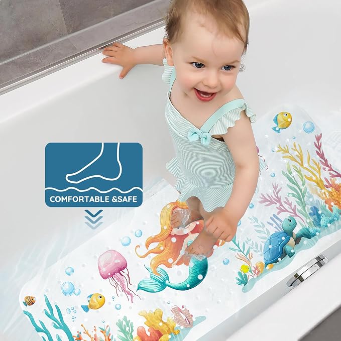 LNOND Bath Mat for Tub for Kids, Toddler Bathtub mat Non Slip, Sea Mermaids Kids Bath Mats for Bathroom Non Slip with Drain Holes and Suction Cups,Machine Washable (40 X 16 Inch)