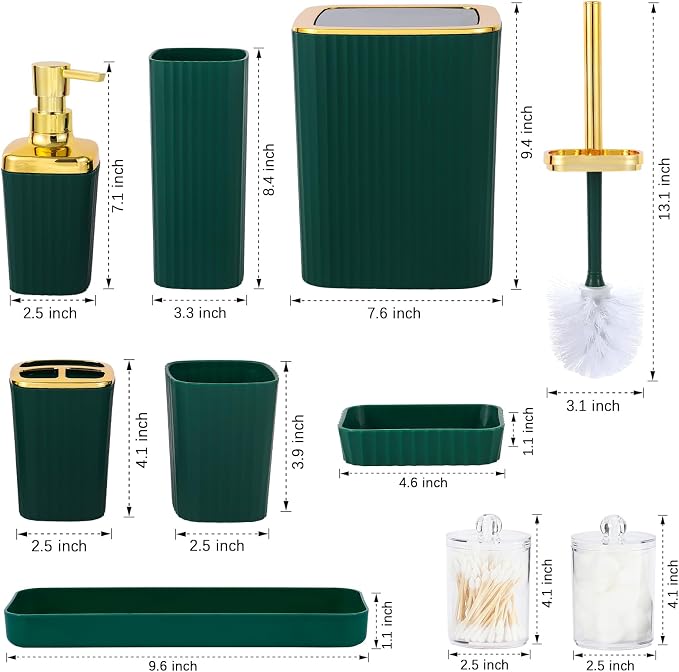 9 PCS DarkGreen Bathroom Accessories Set with Trash Can Bathroom Accessory | All-in-One Kit with Trash Can,Toothbrush Holder,Soap Dispenser,Toothbrush Cup,Vanity Tray,Soap Dish,Toilet Brush etc for Home