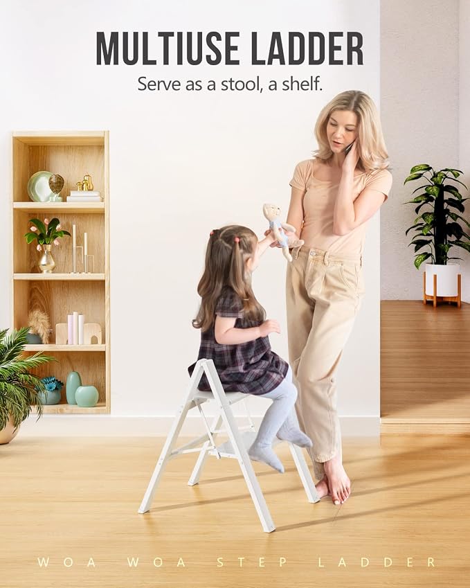 2 Step Foldable Step Stool, 300lbs Load, White | Folded 27''H x 2''T; Net 6.6 lbs; Non-Slip Feet: Wood/Tile/Carpet; Rigid Aluminum Steps; No Assembly; Ready From Box.