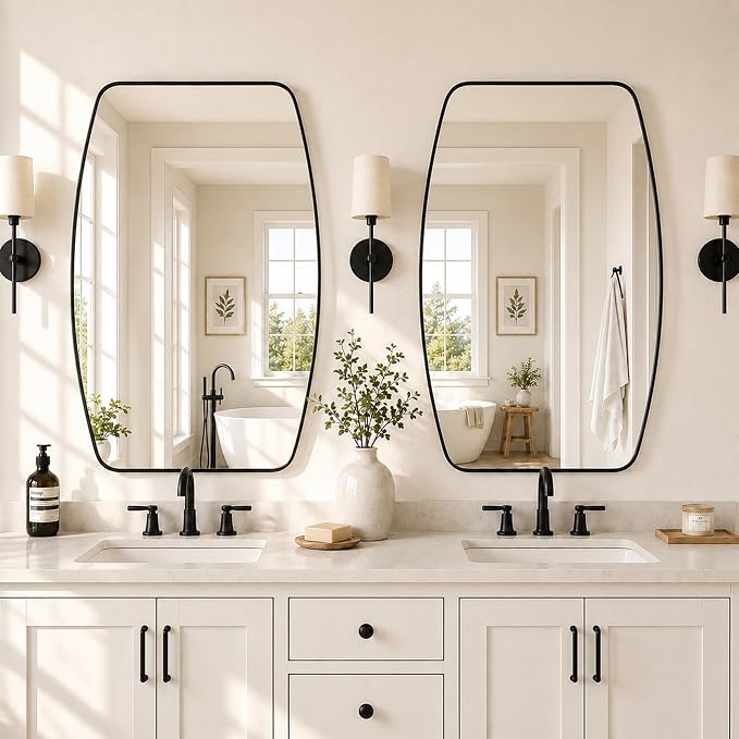 Matte Black Curved Rectangle Bathroom Mirror, 24x36 Inch | Aluminum alloy frame, tempered glass, two-way keyhole mount, for bedroom, entryway, hallway