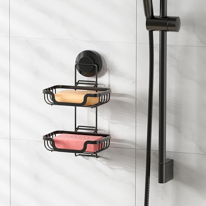 TAILI Soap Holder, Soap Dish Suction Cup with Hooks, Stainless Steel (Light Black) | Soap Dish for Shower, Bathroom Bar soap holder Shower Wall, Stainless Steel Sponge Holder for Tub Kitchen, Black