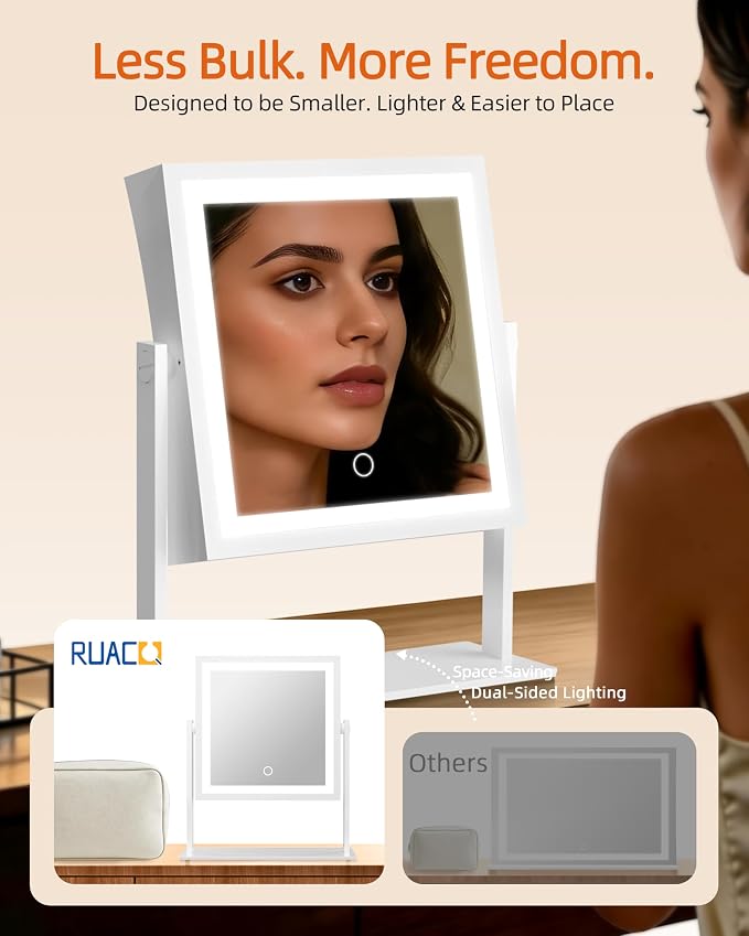 Ruacq Vanity Mirror with Lights, Dual Sided 1X/10X, White | 8",4000mAh Rechargeable, Magnifying Mirror with 3 Color Lights,Touch Control Dimmable, 360° Rotation, Square, Gift for Women