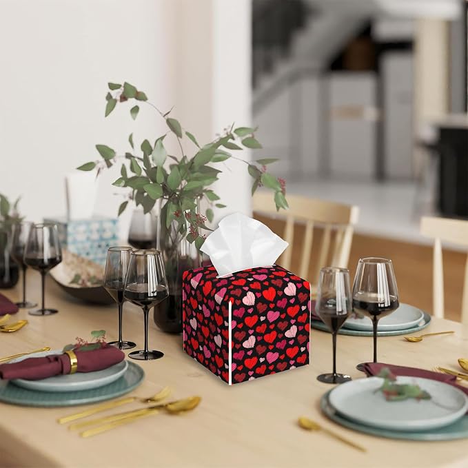Hearts Tissue Box Cover,Red Hearts PU Leather Tissue Box Holder Square,Modern Home Decoration for Bathroom Living Room Kitchen Office Car,5.2"×5.2"×5.2"