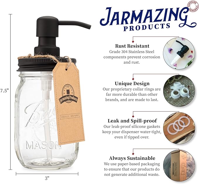 Mason Jar Soap Dispenser - Black - with 16 Ounce Ball Mason Jar - Made from Rust Proof Stainless Steel - Two Pack