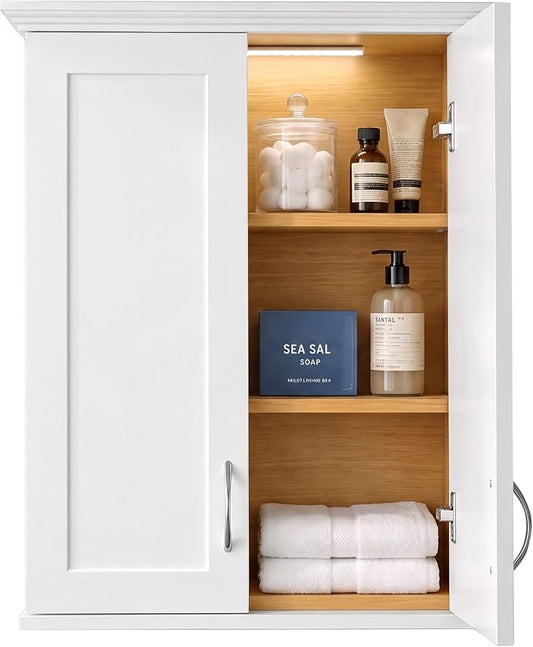 VANIRROR Bathroom Cabinet Wall Mount with DIY Lighting Dual-Tone Design | Wooden Medicine Cabinet Unique Top Over the Toilet Saver Storage Cabinets for Laundry Kitchen Entryway