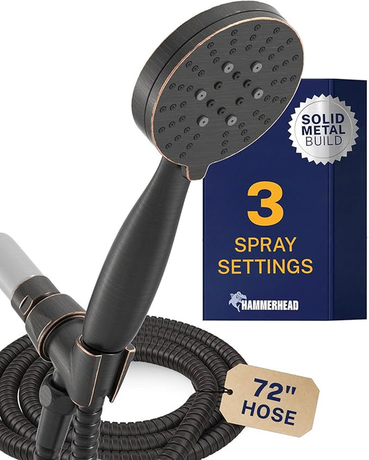 HammerHead Showers® Solid Metal 3-Spray Handheld Shower Head with Long Hose and Holder - OIL RUBBED BRONZE - 2.5 GPM High Pressure Shower Head with Handheld Sprayer - WIDE, MASSAGE, and MIST Sprays