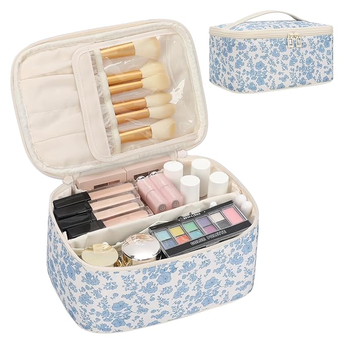 Makeup Bag Portable Cosmetic Bag For Women, Large Capacity Travel Makeup Case Organizer, Toiletry Bag for Girls Traveling With Handle and Divider-Flowers